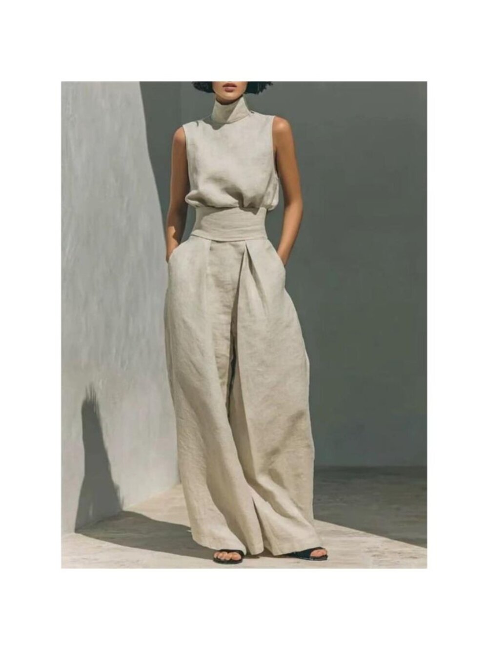 High Neck Sleeveless Top and Wide Leg Pants Set